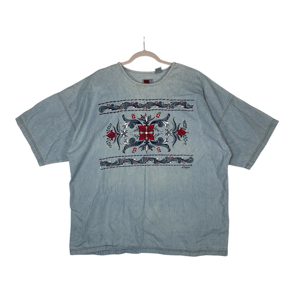 Vtg SUN BELT DENIM Shirt Plus 100% Cotton Light Wash Folk Art Floral Graphic Tee
